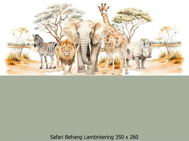 Wandvullend behang Safari voor de kinderkamer of babykamer - lambrisering salie groen