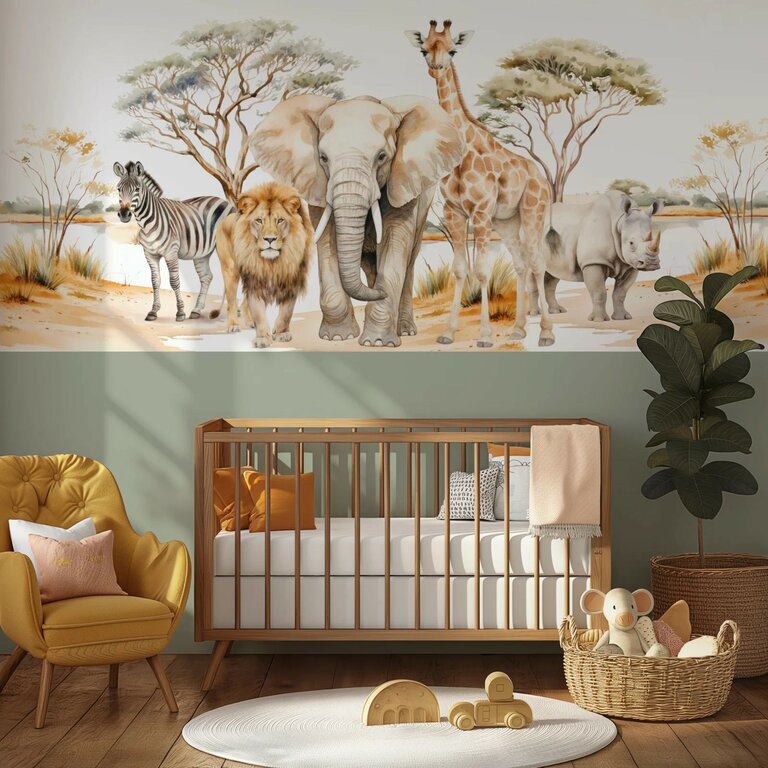 Wandvullend behang Safari voor de kinderkamer of babykamer - lambrisering salie groen