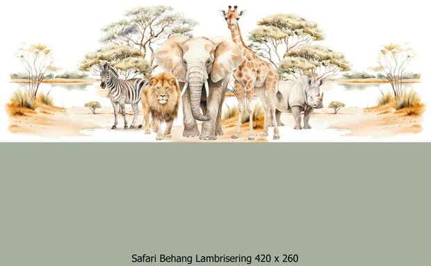 Wandvullend behang Safari voor de kinderkamer of babykamer - lambrisering salie groen