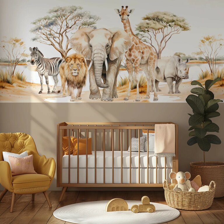 Wandvullend behang Safari voor de kinderkamer of babykamer - lambrisering warm taupe