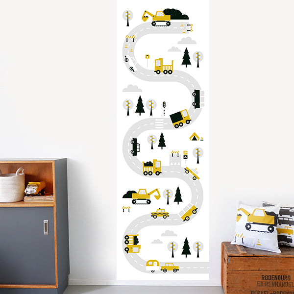 Behangstrook kinderkamer - voertuigen oker geel