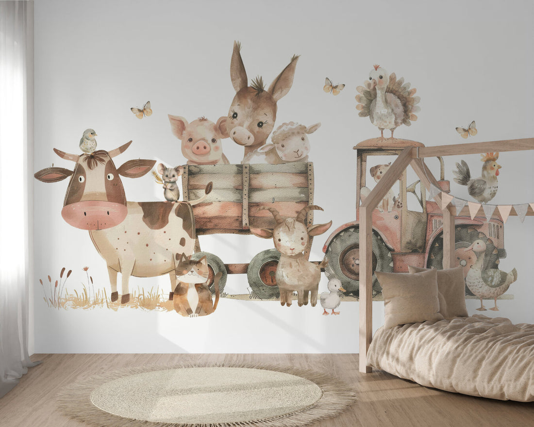 Wandvullend behang tractor - boerderij kinderkamer