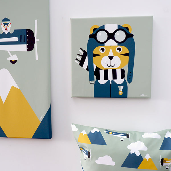 Canvas Piloot Tijger schilderij 30x30 voor Vliegtuigen kamer - groen