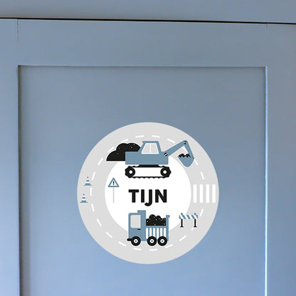 Deursticker rond Graafmachine met naam - jeans blauw