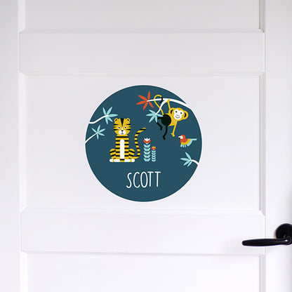Deursticker rond Jungle met naam - donker blauw