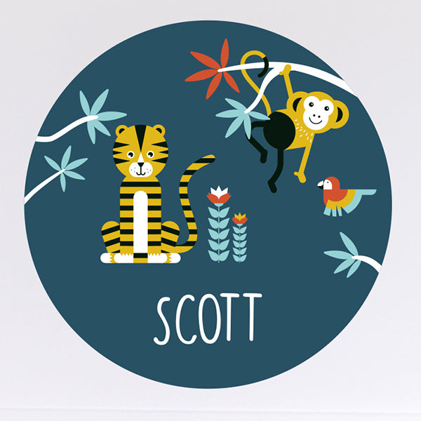Deursticker rond Jungle met naam - donker blauw
