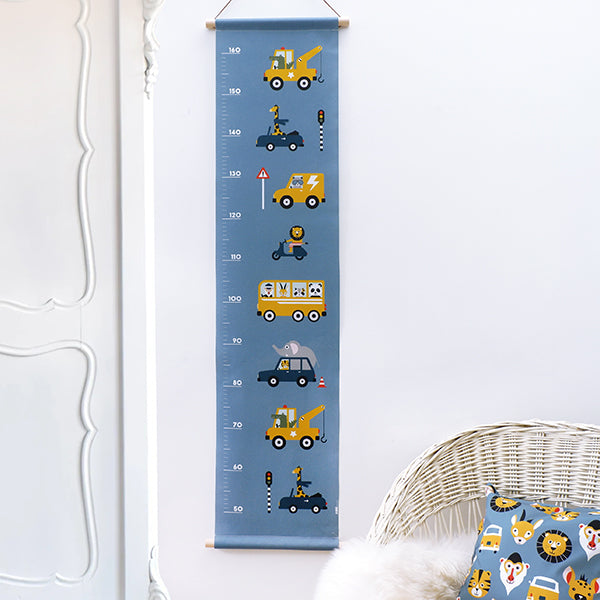 Groeimeter textielposter dieren onderweg - jeansblauw