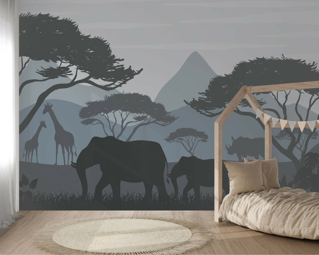 Behang safari kamer - jungle kinderkamer blauw