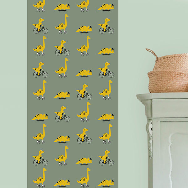 Behangrol Dino dieren kinderkamer in olijf groen