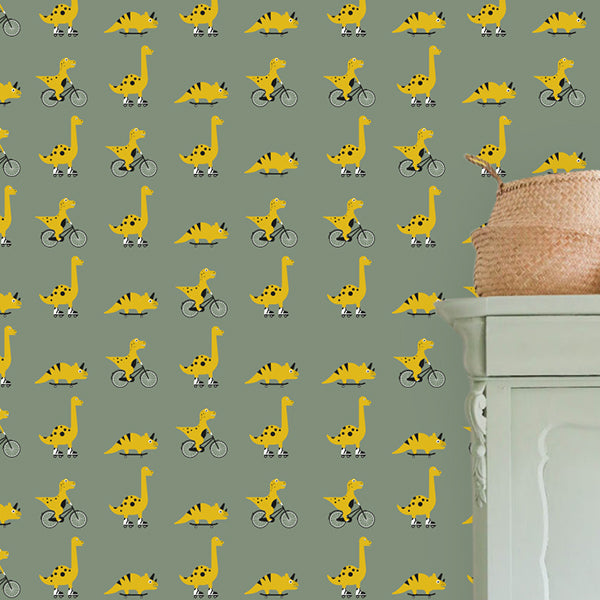 Behangrol Dino dieren kinderkamer in olijf groen