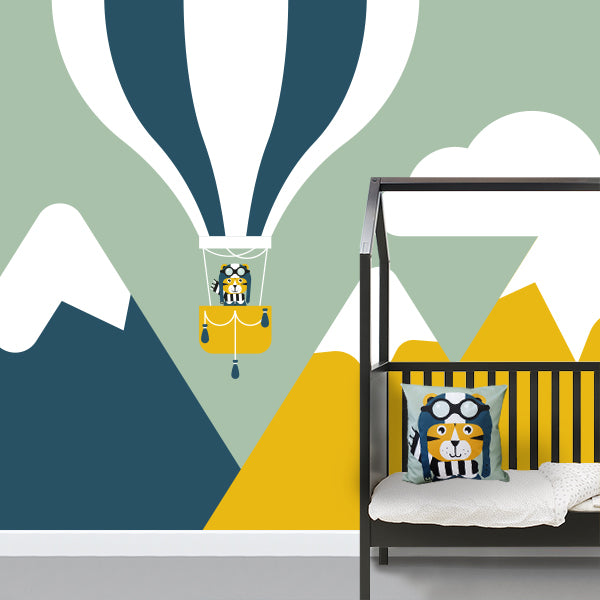 Behang Luchtballon met piloot tijger - kinderkamer 3 maten in bleek groen
