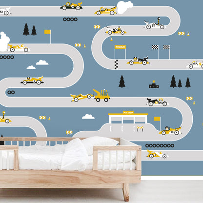 Behang Raceauto kinderkamer 3 maten in jeans blauw