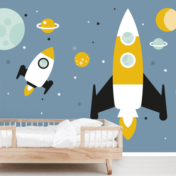 Behang Raket kinderkamer 3 maten in jeans blauw
