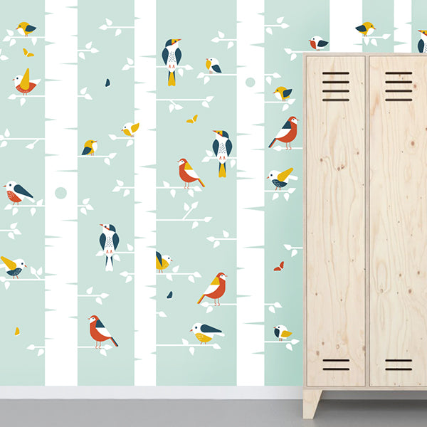 Behang Vogels kinderkamer 3 maten in old green