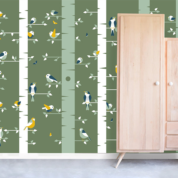 Behang Vogels kinderkamer 3 maten in olijf groen