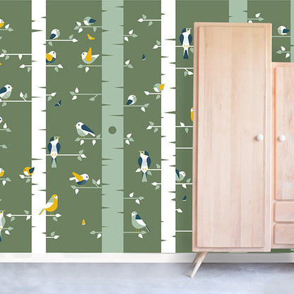 Behang Vogels kinderkamer 3 maten in olijf groen