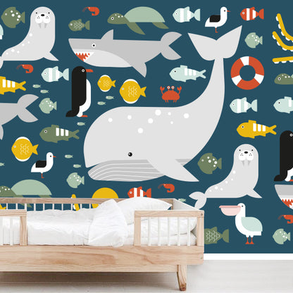 Behang Oceaan zeedieren kinderkamer 3 maten in donker blauw