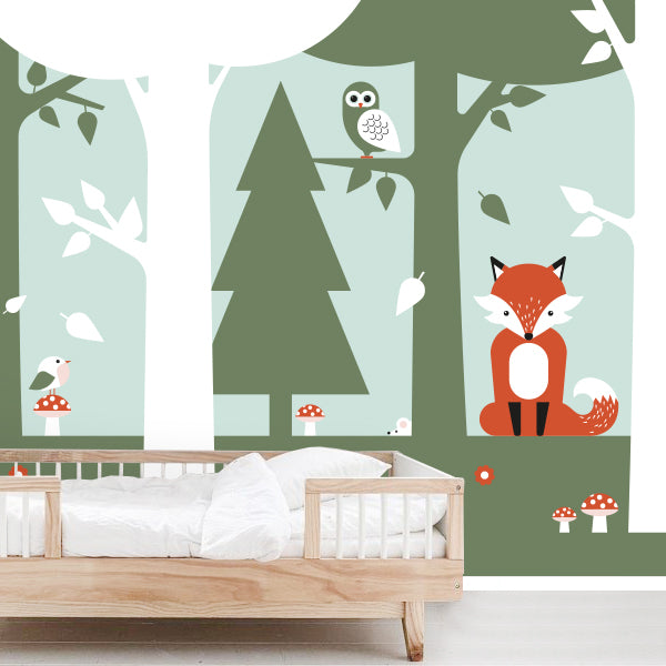 Behang Vos in bos kinderkamer 3 maten in old green