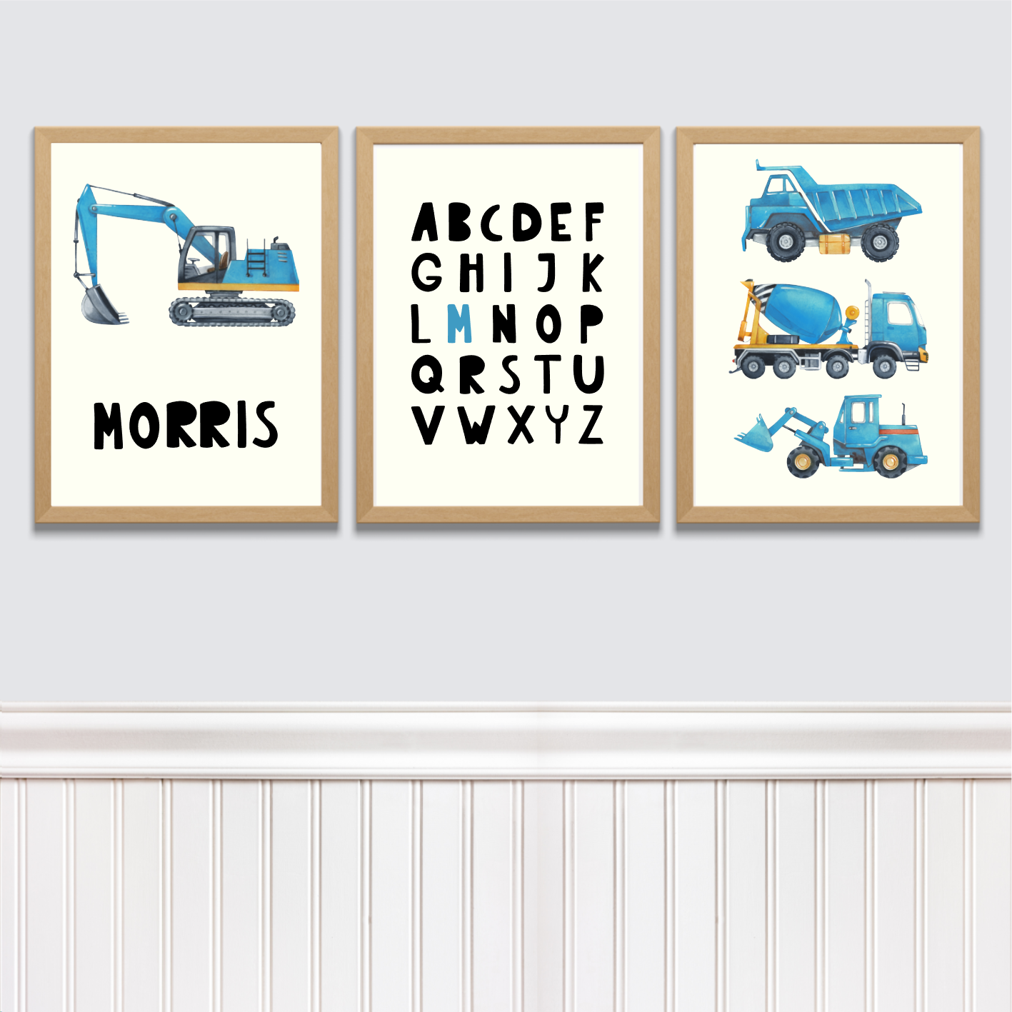 Kinderkamer posterset met naam werkvoertuigen + alfabet