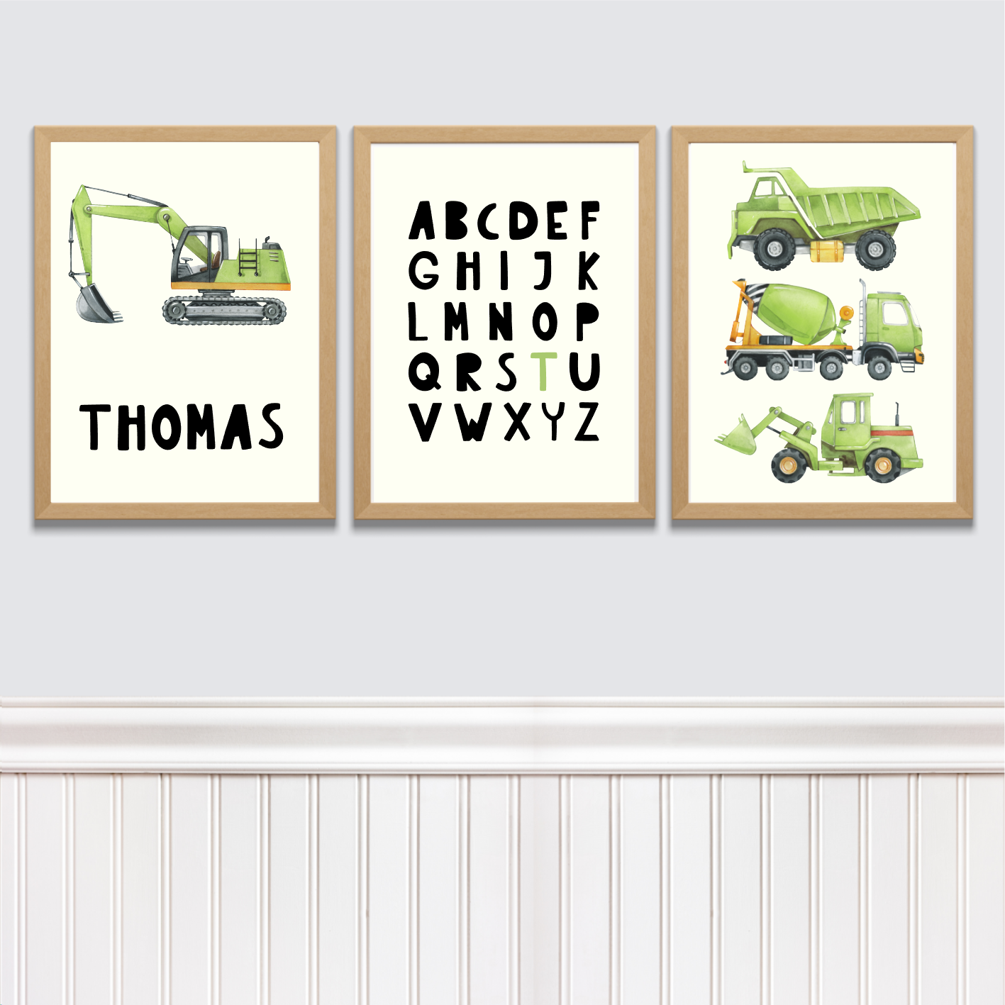 Kinderkamer posterset met naam werkvoertuigen + alfabet