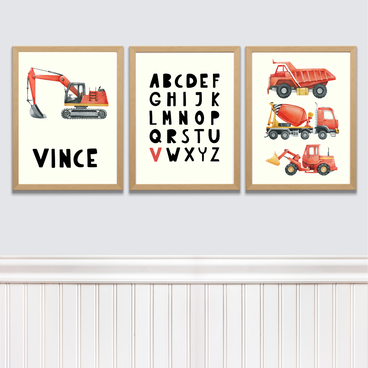 Kinderkamer posterset met naam werkvoertuigen + alfabet