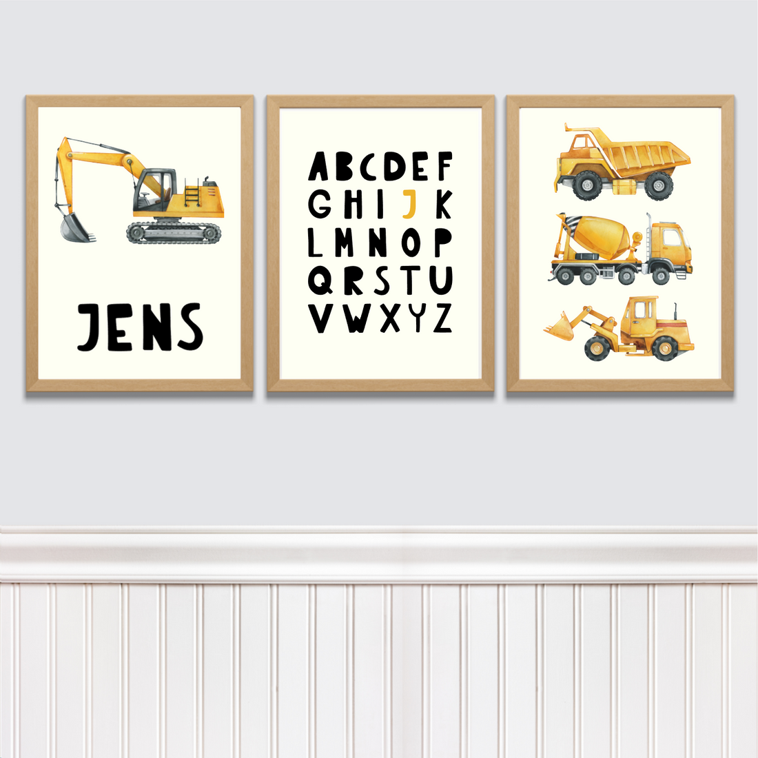 Kinderkamer posterset met naam werkvoertuigen + alfabet