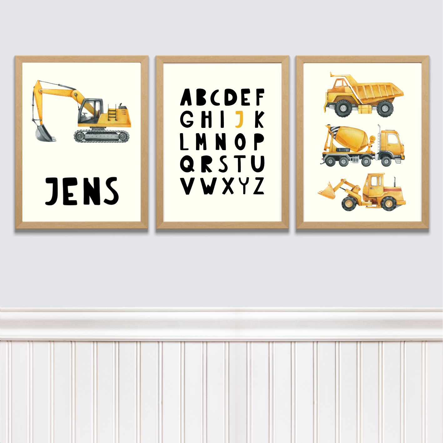 Kinderkamer posterset met naam werkvoertuigen + alfabet