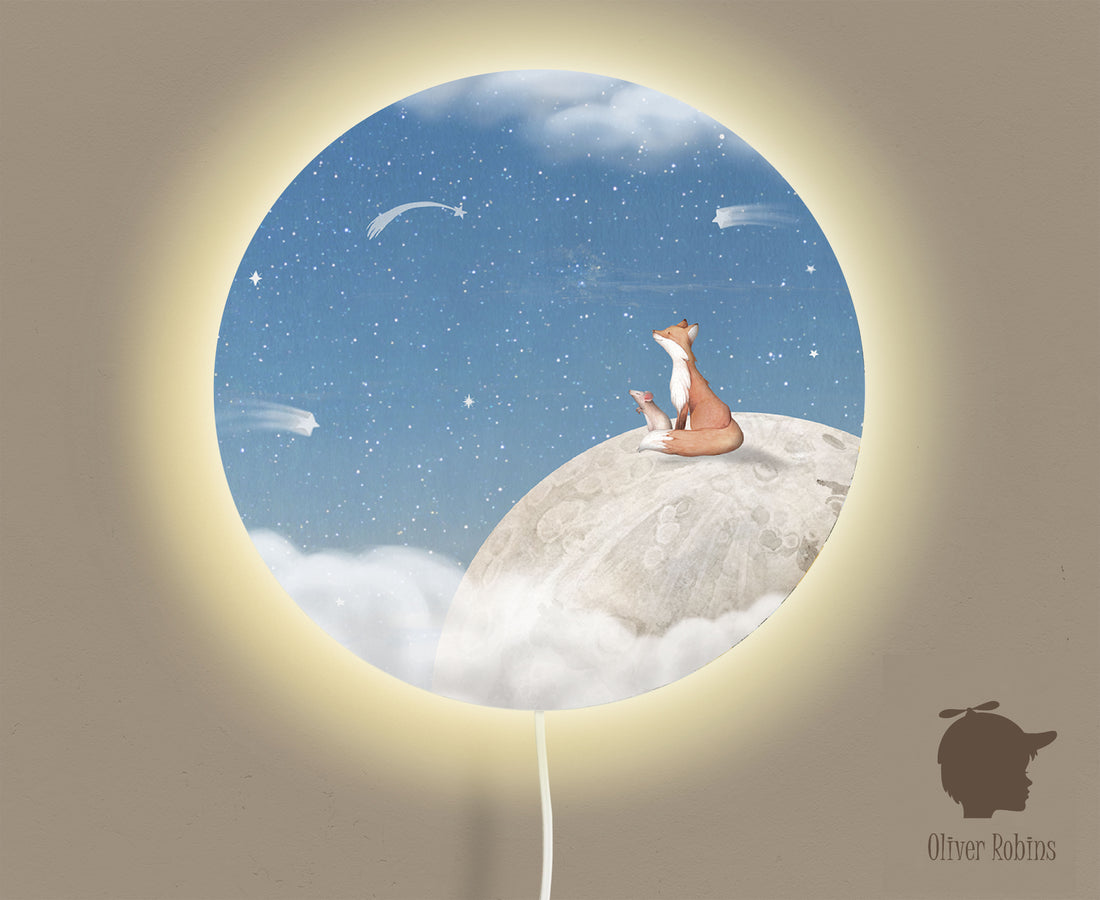 Wandlamp rond Fox on the Moon blauw kinderkamer - Oliver Robins
