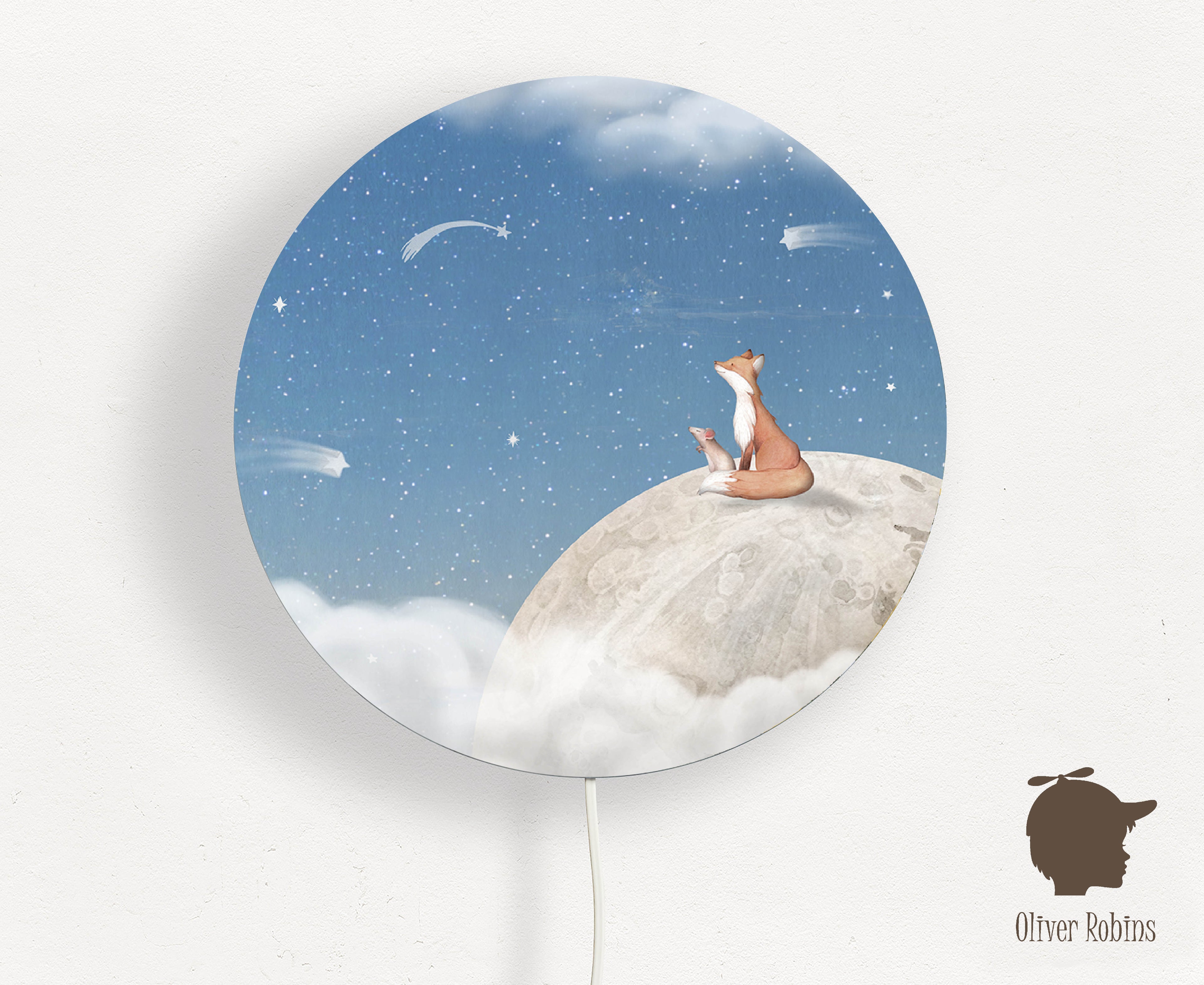 Wandlamp rond Fox on the Moon blauw kinderkamer - Oliver Robins