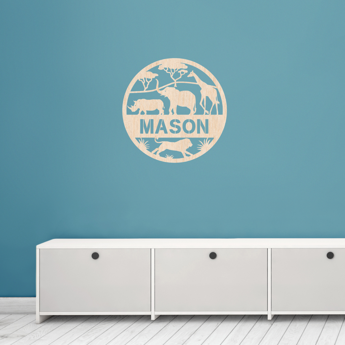Houten muurcirkel met naam Safari
