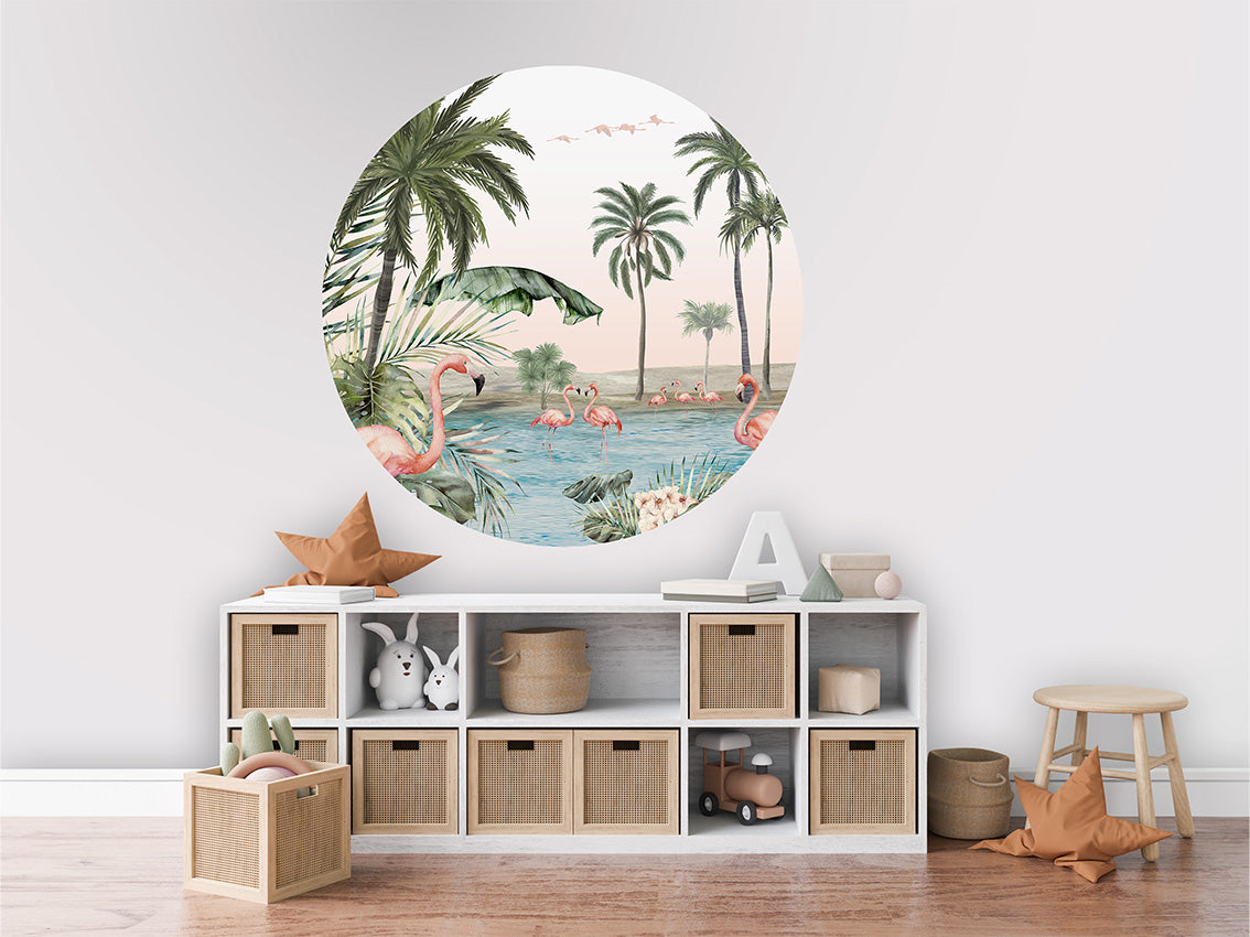 Muursticker Flamingo Oasis 100cm rond - Kikki Belle