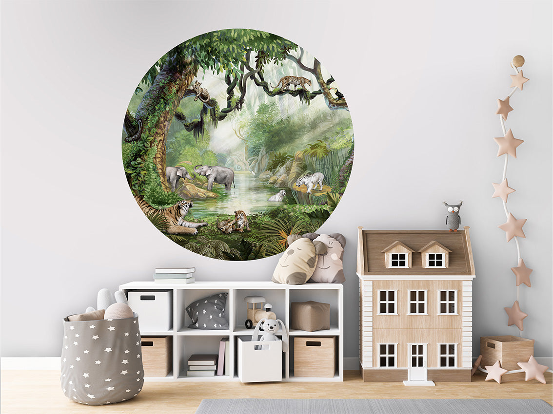 Muursticker Jungle Cats 100cm rond - Kikki Belle