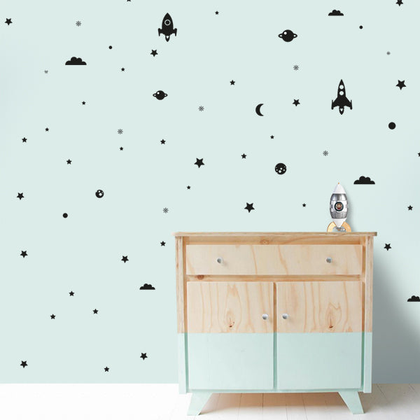 Muursticker set raket met sterren en planeten - zwart