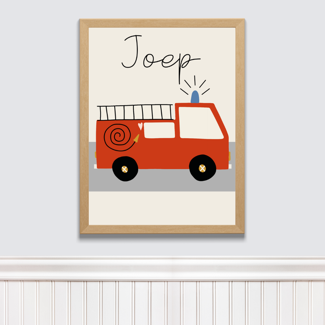 Naam poster kinderkamer brandweerauto