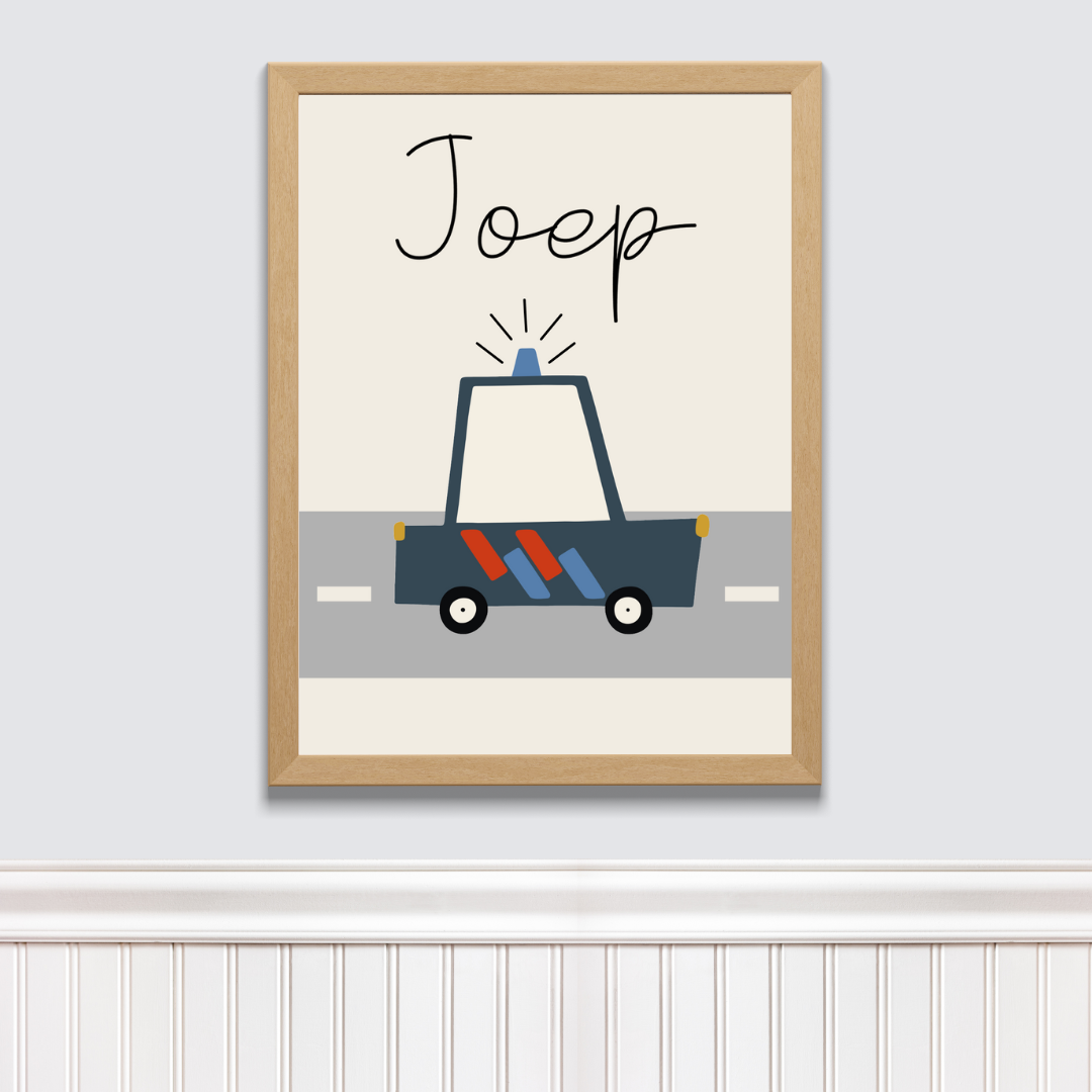 Naam poster kinderkamer politieauto