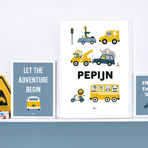 Naamposter XL Dieren Onderweg met naam - wit