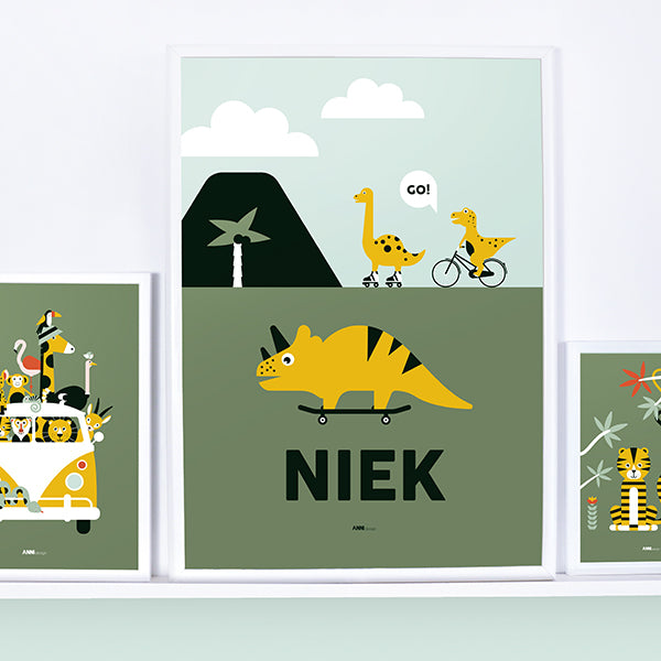 Naamposter XL Dino op skateboard met naam kinderkamer - olijf groen