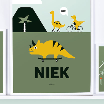 Naamposter XL Dino op skateboard met naam kinderkamer - olijf groen