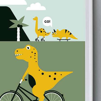 Poster XL Dino op de fiets kinderkamer - olijf groen