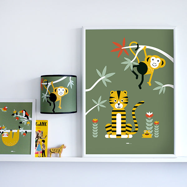 Poster XL Jungle Tijger en Aap kinderkamer - olijf groen