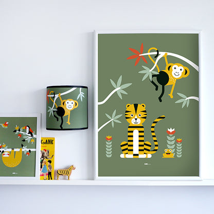 Poster XL Jungle Tijger en Aap kinderkamer - olijf groen