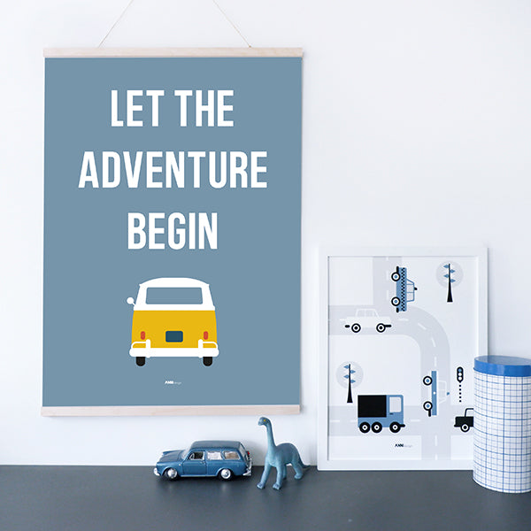 Poster XL VW bus Adventure Begin - jeans blauw