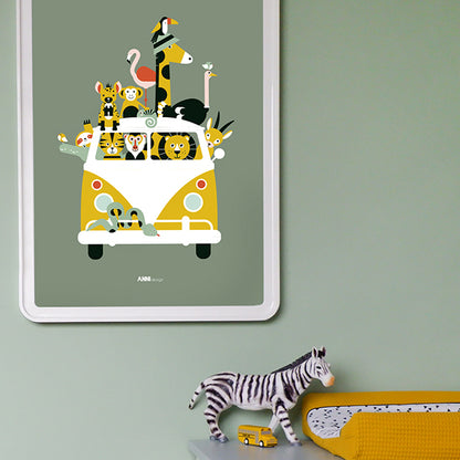 Poster XL VW bus Safari jungle dieren - olijf groen