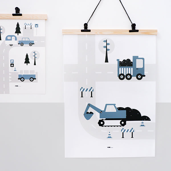 Poster XL Graafmachine en Vrachtwagen kinderkamer - jeans blauw
