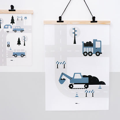 Poster XL Graafmachine en Vrachtwagen kinderkamer - jeans blauw