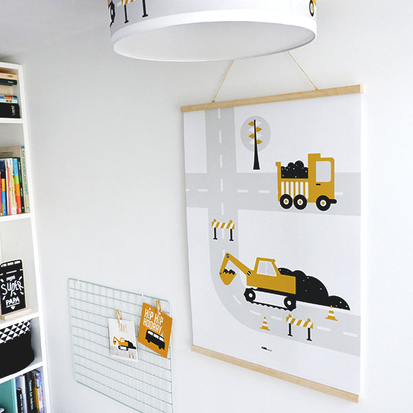 Poster XL Graafmachine en Vrachtwagen kinderkamer - oker geel