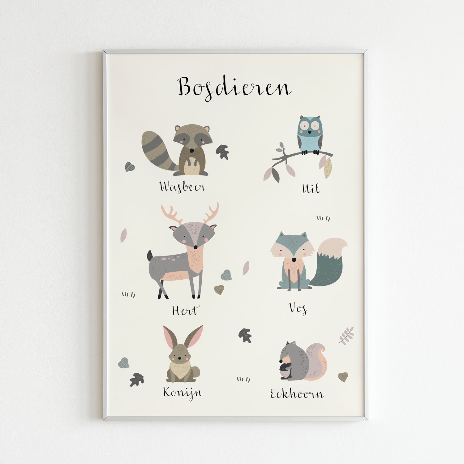 Poster bosdieren kinderkamer in pastel kleuren