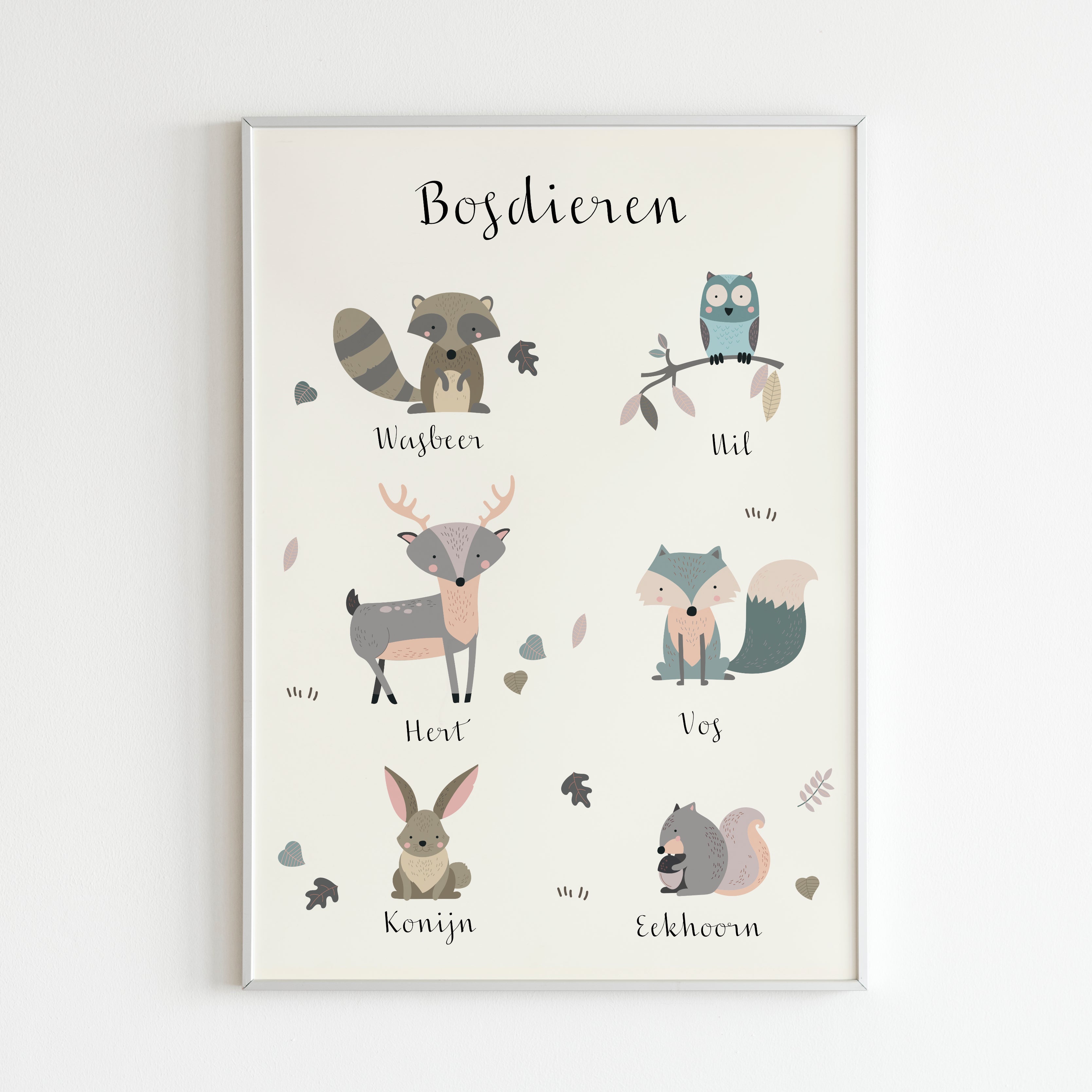 Poster bosdieren kinderkamer in pastel kleuren