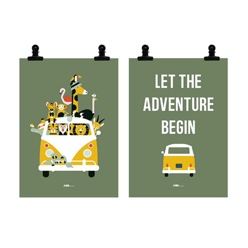 Poster set VW bus jungle kinderkamer - oker olijfgroen