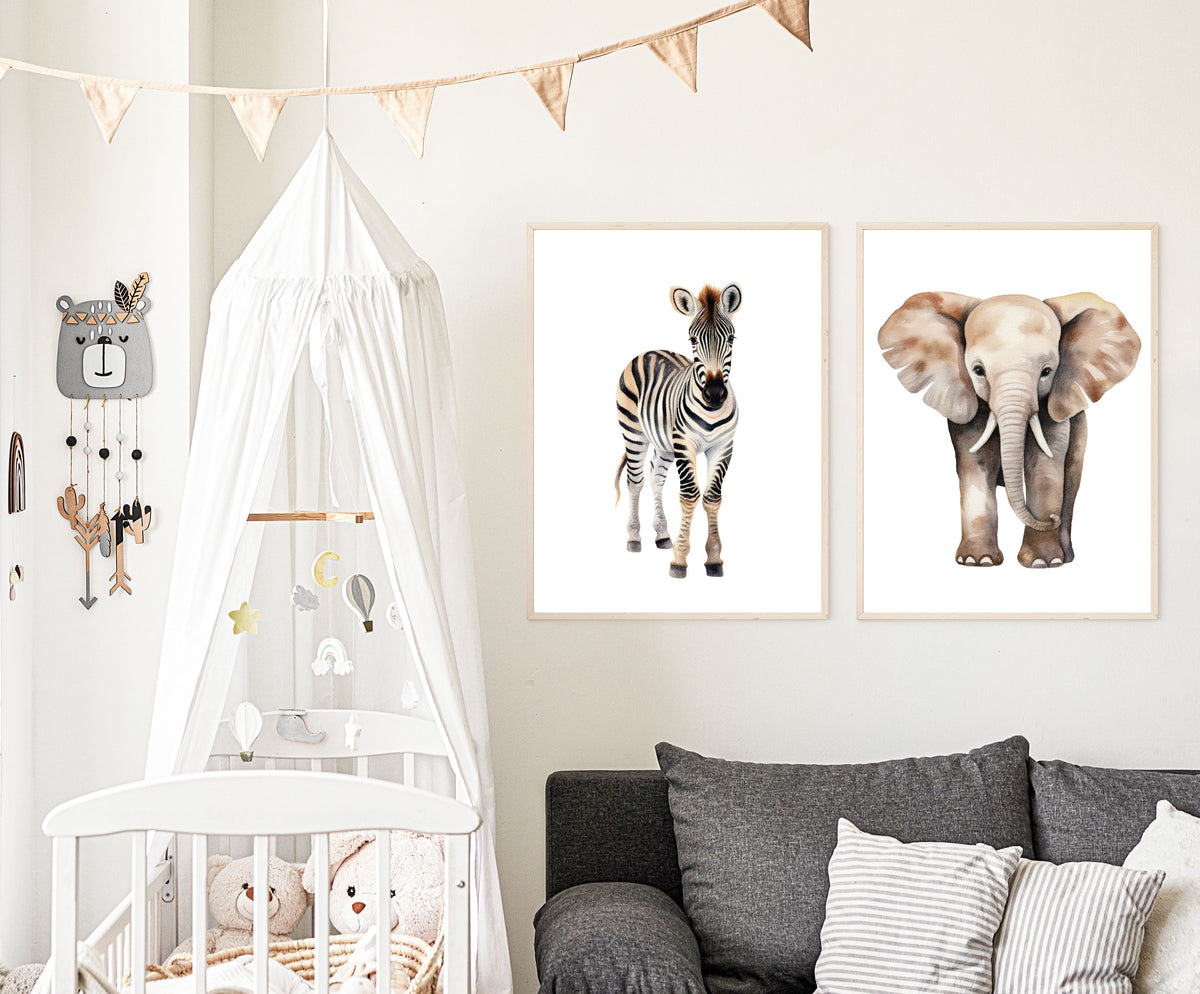 Poster set Olifant en Zebra Safari dieren - kinderkamer